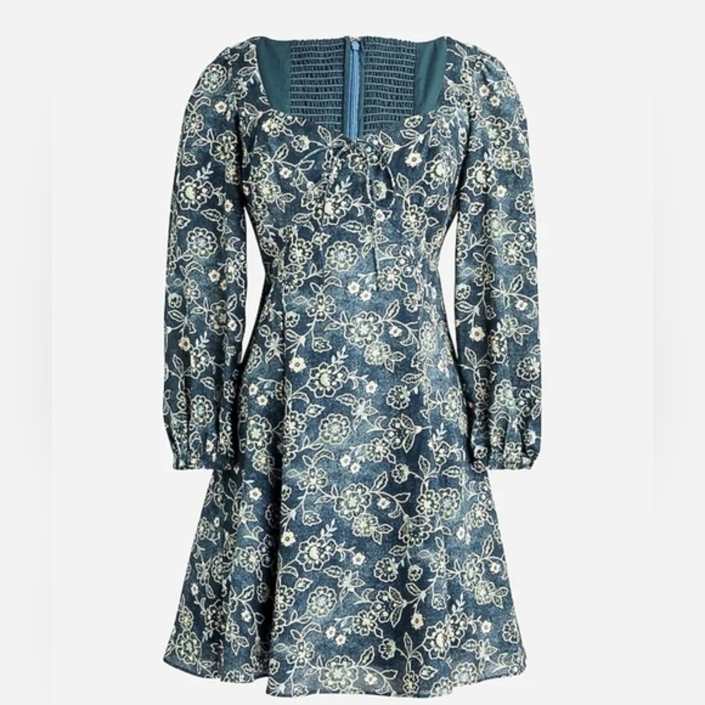 J.Crew Smocked Floral Square Neck Long Sleeve Mini Dress Women‎ Size 8